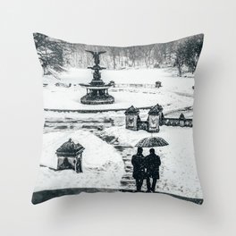 New York City Bethesda Fountain in Central Park during winter snowstorm blizzard black and white Throw Pillow