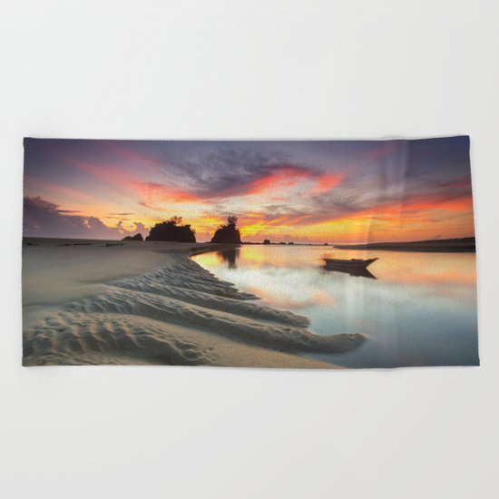 Canoe on the Water at Sunset Beach Towel