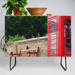 Great Britain Photography - Red Phone Booth By A Wooden Bench Credenza