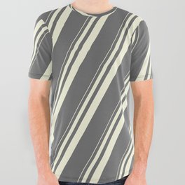 [ Thumbnail: Beige & Dim Grey Colored Striped/Lined Pattern All Over Graphic Tee ]