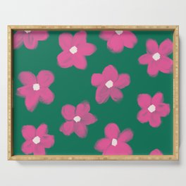 70s 60s Bold Pink Flowers on Green Serving Tray