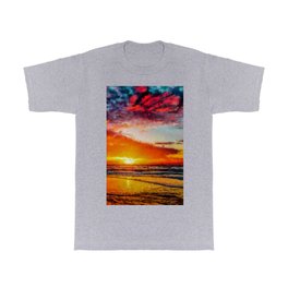 Ocean Waves and Beach Shore at Sunset T Shirt | Portrait, Sunlight, Painting, Nature, Vacation, Modern, Orange, Beautiful, Sea, Water 