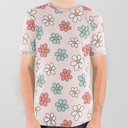 Happy Daisy Pattern, Cute and Fun Smiling Colorful Daisies All Over Graphic Tee