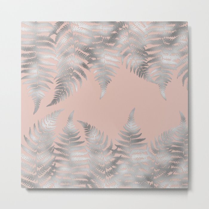 Silver fern leaves on rosegold background - abstract pattern Metal Print