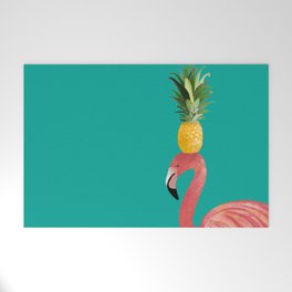 Flamingo Vibes |Tropical Pink Bird Pineapple on Head| Renee Davis Welcome Mat