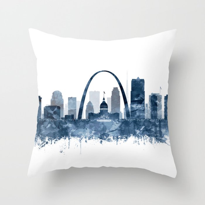 St Louis Skyline Watercolor Navy Blue by Zouzounio Art Throw Pillow