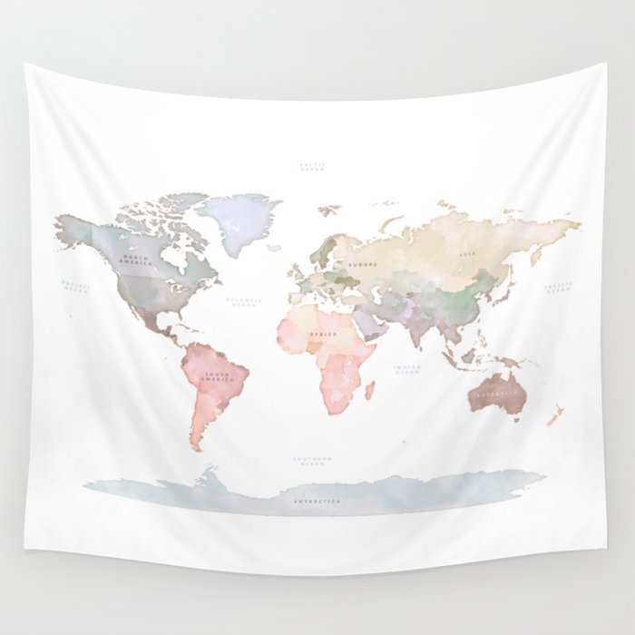 Pastel World Map with Continents Names Wall Tapestry by Agnes ...