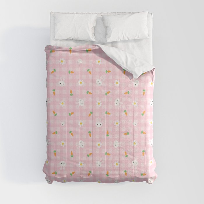 Bunnies, carrots & daisies ( Pastel pink Gingham) Comforter