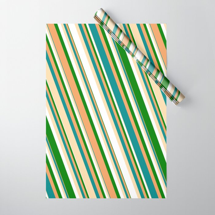 Vibrant Brown, Dark Cyan, Tan, White & Green Colored Striped Pattern Wrapping Paper