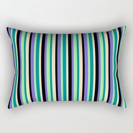 [ Thumbnail: Eye-catching Slate Blue, Black, Tan, Teal & Light Green Colored Stripes/Lines Pattern Rectangular Pillow ]