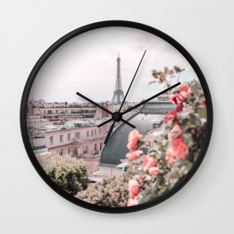 Paris France Eiffel Tower Pink Flowers Photography Wall Clock