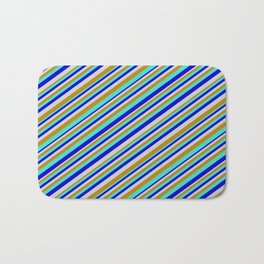 [ Thumbnail: Turquoise, Blue, Light Gray & Dark Goldenrod Colored Pattern of Stripes Bath Mat ]