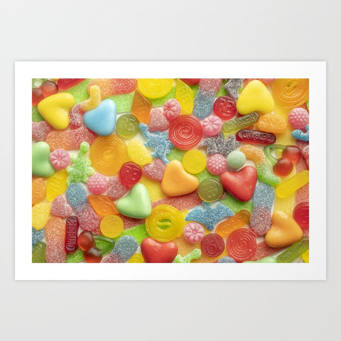 Summer candy with rainbow colors winegums and sugar dinosaurs - kids fun food photography Art Print