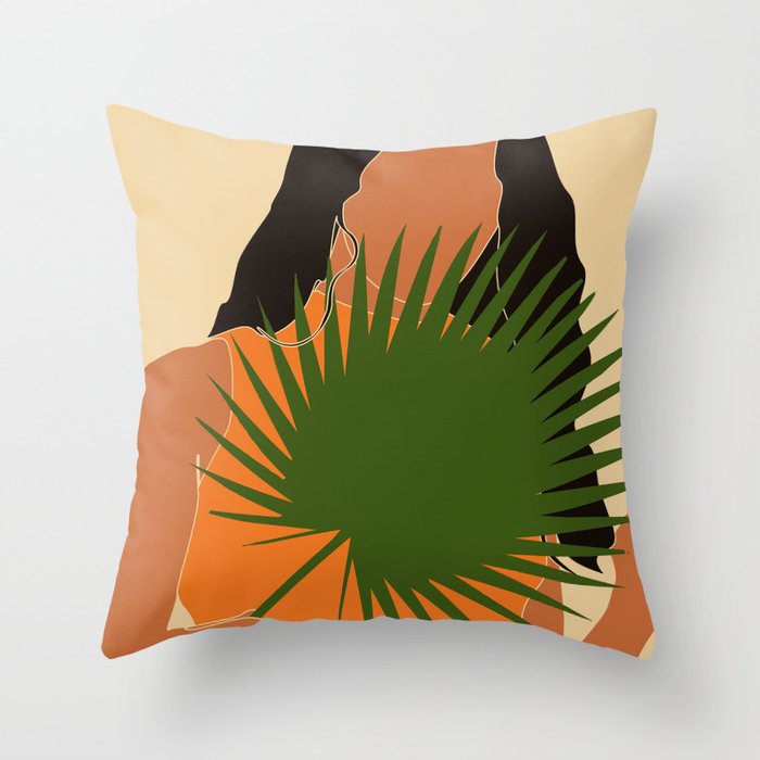 Tropical Reverie - Modern Minimal Illustration 15 - Girl with palm leaf - Tropical Aesthetic - Brown Throw Pillow