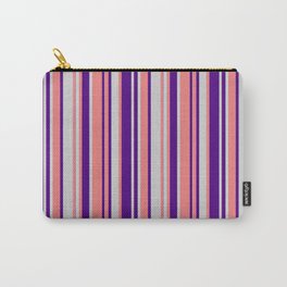 [ Thumbnail: Light Coral, Light Gray & Indigo Colored Lines Pattern Carry-All Pouch ]