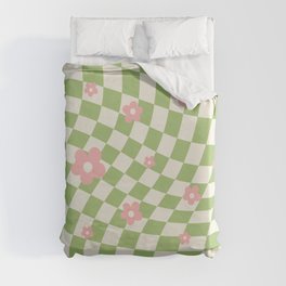 Green Pink Checkered Floral Duvet Cover