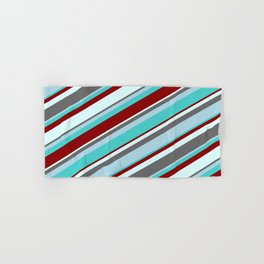[ Thumbnail: Eyecatching Dim Grey, Light Blue, Turquoise, Dark Red, and Light Cyan Colored Lines Pattern Hand & Bath Towel ]