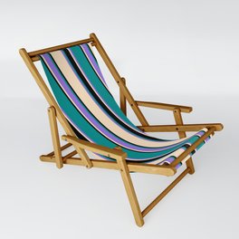 [ Thumbnail: Bisque, Black, Dark Cyan, and Purple Colored Striped Pattern Sling Chair ]