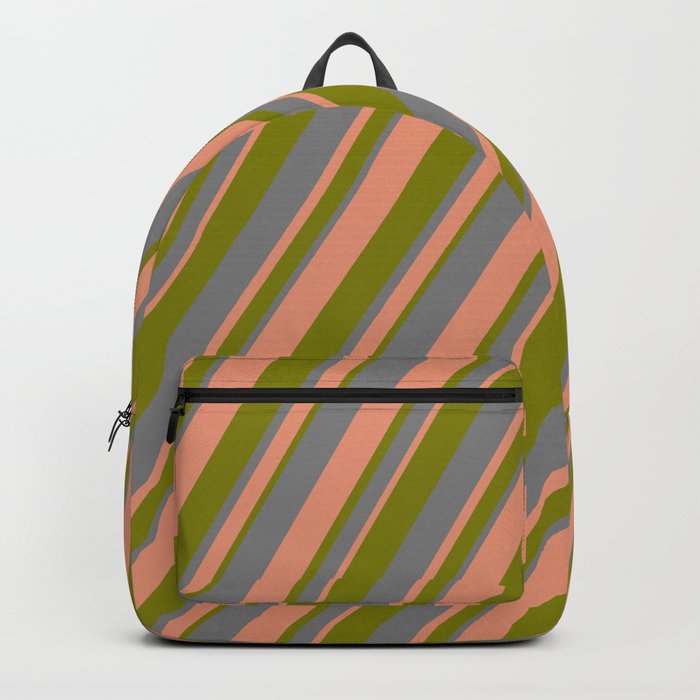 Grey, Dark Salmon & Green Colored Stripes/Lines Pattern Backpack