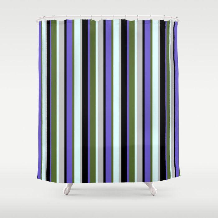 Eyecatching Slate Blue, Dark Olive Green, Light Cyan, Grey & Black Colored Lines/Stripes Pattern Shower Curtain