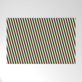 [ Thumbnail: Green, Brown, Black & White Colored Stripes Pattern Welcome Mat ]