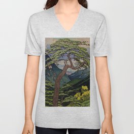 The Downwards Climbing - Summer Tree & Mountain Ukiyoe Nature Landscape in Green Unisex V-Ausschnitt | Vintage, Pink, Mountain, Painting, Green, Asian, Curated, Digital, Japan, Japanese 