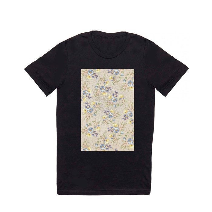 Vintage ivory linen blue yellow gold floral pattern T Shirt
