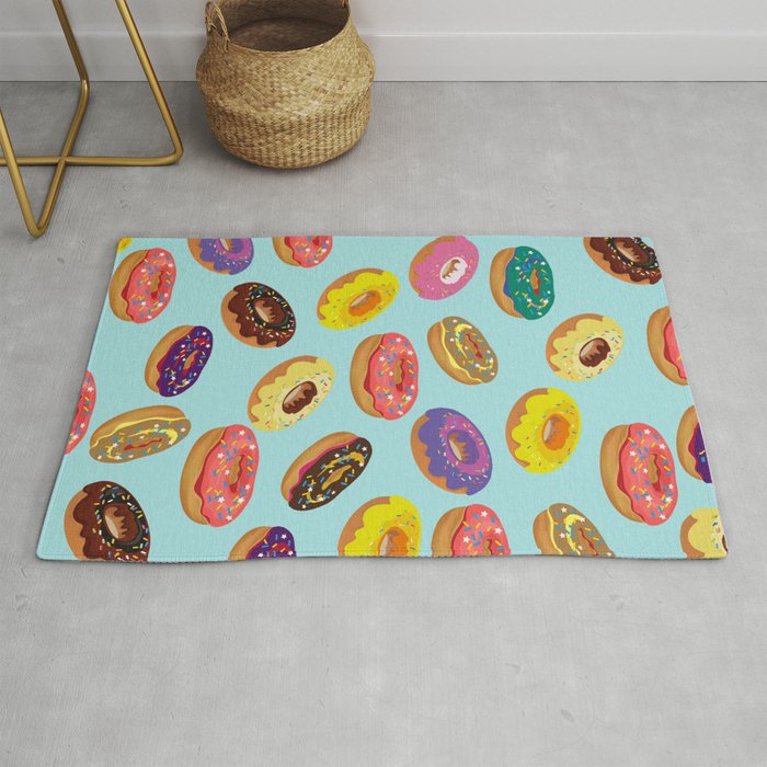 Donuts Pattern Kitchen Home Decor Sky Blue Art Print Donuts Poster Decoration Cartoon Graphic Design Rug By Lubo Society6