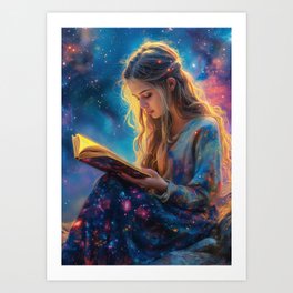 Cosmic Literacy: A Girl Lost in the Galaxy of Knowledge Art Print