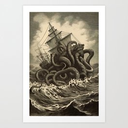 Vintage Kraken Attacking Ship Art Print