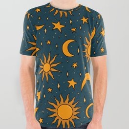 Vintage Sun and Star Print in Navy All Over Graphic Tee