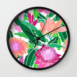 Bird of Paradise + Ginger Tropical Floral in White Wall Clock