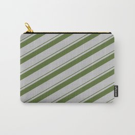 [ Thumbnail: Dark Olive Green & Grey Colored Striped/Lined Pattern Carry-All Pouch ]