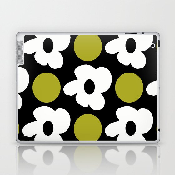 Small White Retro Flowers Olive Green Dots Black Background #decor #society6 #buyart Laptop & iPad Skin