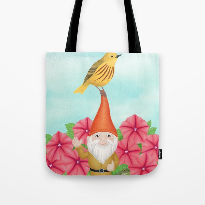 gnome with yellow warbler and petunias Tote Bag