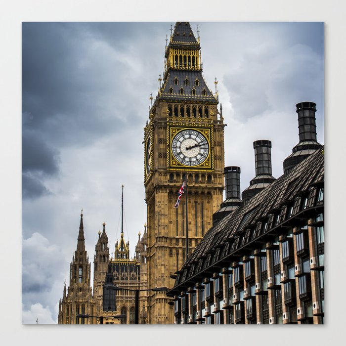 Great Britain Photography - Big Ben Under The Gray Rain Clouds Canvas Print