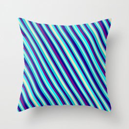 [ Thumbnail: Eye-catching Purple, Aqua, Tan, Dark Turquoise, and Dark Blue Colored Stripes/Lines Pattern Throw Pillow ]