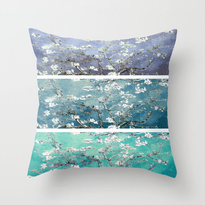 Van Gogh : Almond Blossoms Turquoise Teal Steel Blue Panel Art Throw Pillow