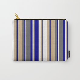 [ Thumbnail: Tan, Dim Grey, Dark Blue & White Colored Striped/Lined Pattern Carry-All Pouch ]