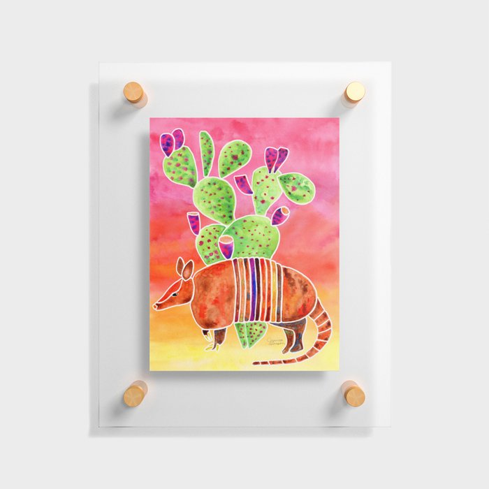 Armadillo and Cactus - Sunset Ombre Background Floating Acrylic Print