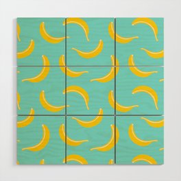 BANANA SMOOTHIE in YELLOW AND WARM WHITE ON BRIGHT TURQUOISE BLUE Wood Wall Art