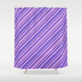 [ Thumbnail: Plum & Slate Blue Colored Lined Pattern Shower Curtain ]