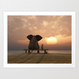 elephant and dog sit on a summer beach Art Print