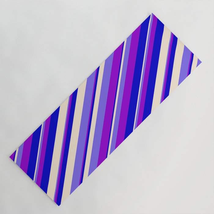 Beige, Medium Slate Blue, Dark Violet & Blue Colored Stripes Pattern Yoga Mat