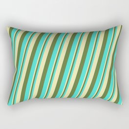 [ Thumbnail: Pale Goldenrod, Dark Olive Green & Turquoise Colored Lines Pattern Rectangular Pillow ]