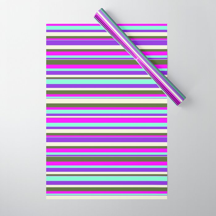 Vibrant Aquamarine, Purple, Beige, Dark Olive Green & Fuchsia Colored Stripes Pattern Wrapping Paper