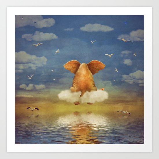 Sad elephant sitting on cloud in sky Art Print