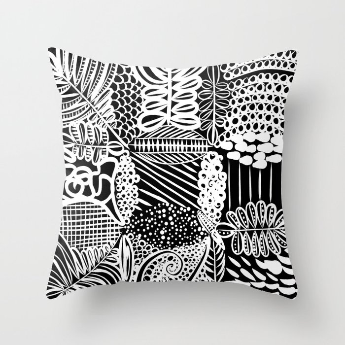 Black and White Abstract Line Art Plant Pattern Throw Pillow