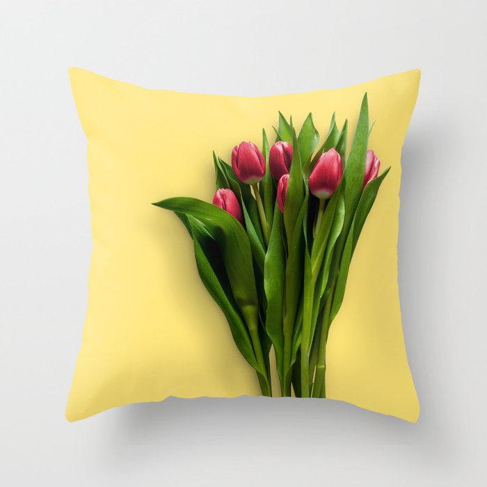 Yellow Bright Light Amber Pink Tulip Blossoms Flatlay Throw Pillow