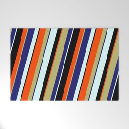 [ Thumbnail: Colorful Dark Khaki, Midnight Blue, Light Cyan, Black & Red Colored Lined/Striped Pattern Welcome Mat ]